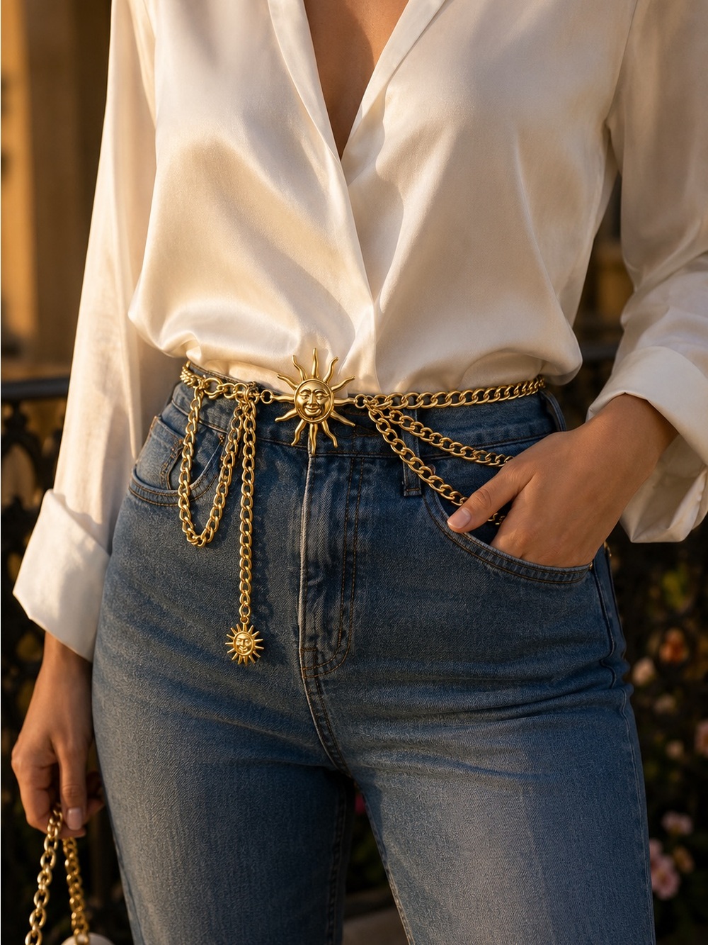 Gold Sun Chain Belt on Red Blazer - Picture 4 of 8